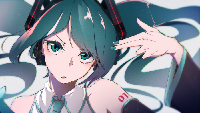 Hatsune Miku from Vocaloid with turquoise twintails and headsets