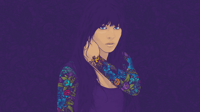 Woman with floral tattoos on purple background