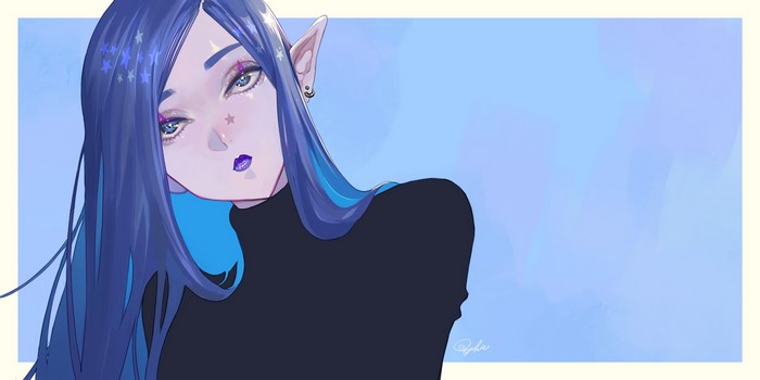 Anime girl with blue hair and pointed ears