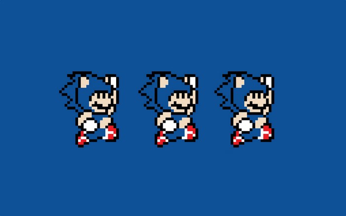 Three pixelated Sonic the Hedgehog characters on a blue background