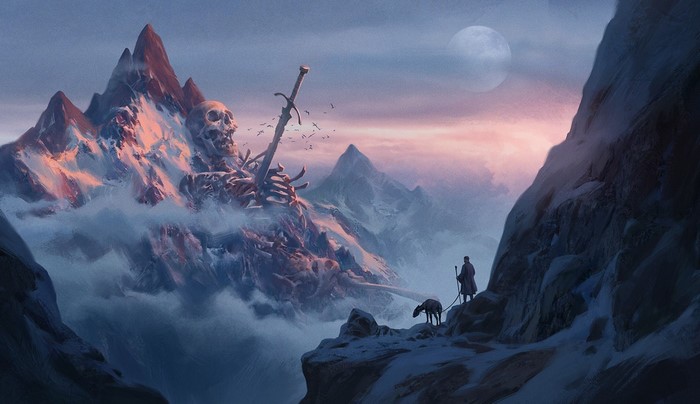 Giant skeleton with sword in snowy mountains by Jinho Bae