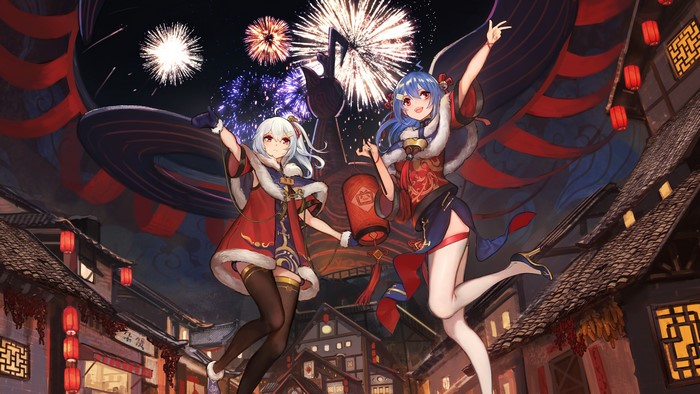 Two anime girls celebrating Chinese New Year with fireworks