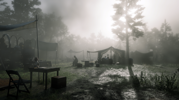 Red Dead Redemption 2 camp scene with tents and trees