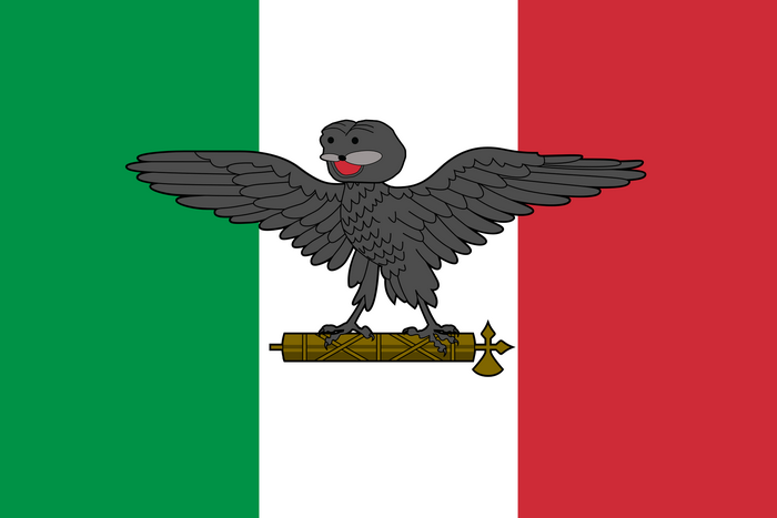 Italian flag with a cartoon eagle and fasces