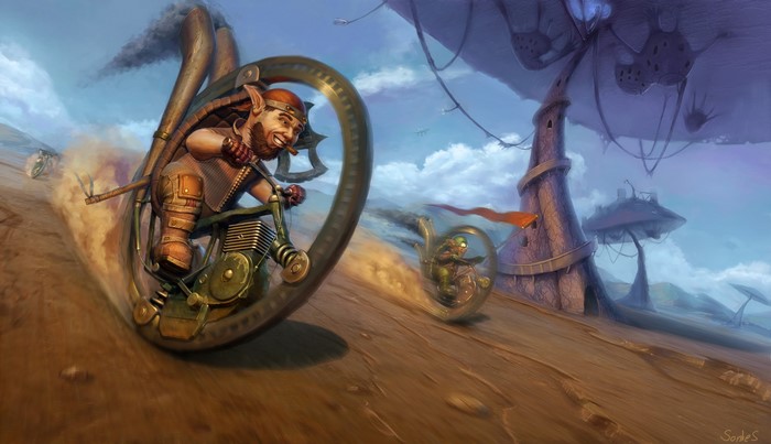 Gnomes racing steampunk vehicles in a desert landscape