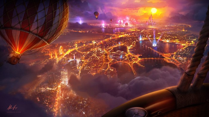 Hot air balloons over a city at night with fireworks