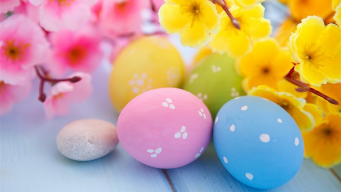 Colorful Easter eggs with pink and yellow flowers