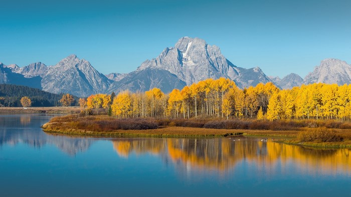Autumn trees reflecting in a lake with mountains