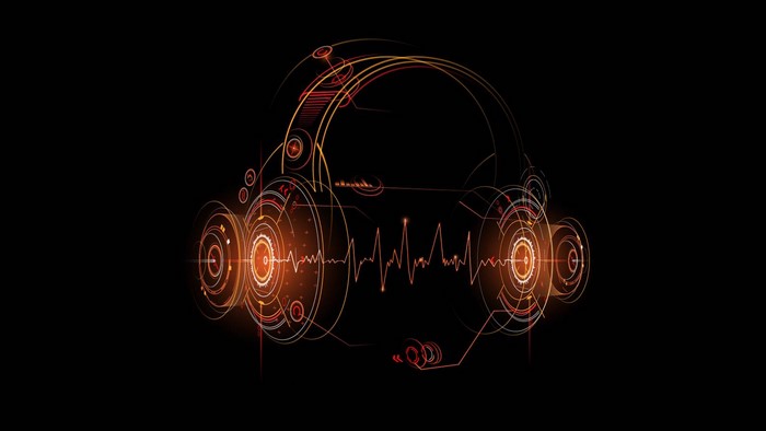 Futuristic headphones with sound wave visualization