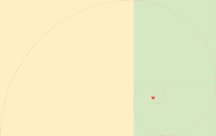 Minimalist Fibonacci spiral with a red heart