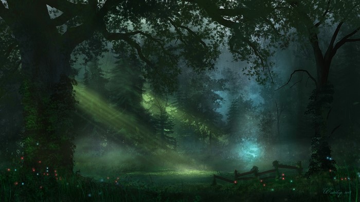 Magical forest with sunbeams and glowing lights