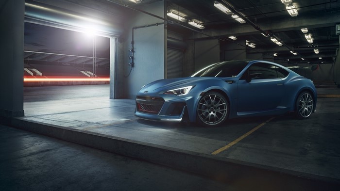 Blue Subaru BRZ concept car in a garage