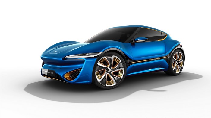Blue concept car with gold accents on white background