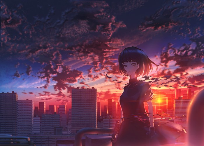 Anime girl with birds against a city sunset