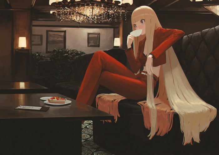 Anime girl in red suit drinking tea