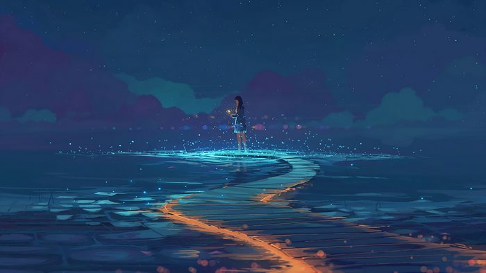 Anime girl on a glowing path at night