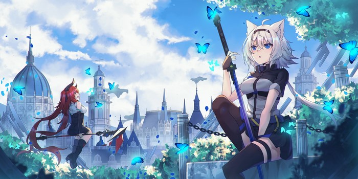 Two anime girls with animal ears in a fantasy city
