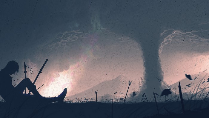 Silhouette of a person with swords in a tornado