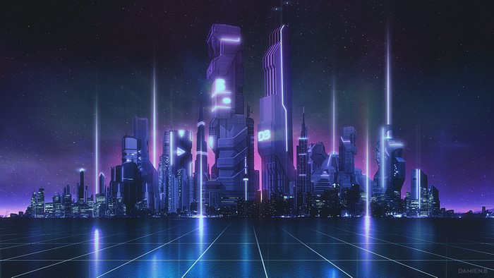 Futuristic cityscape with neon lights and stars