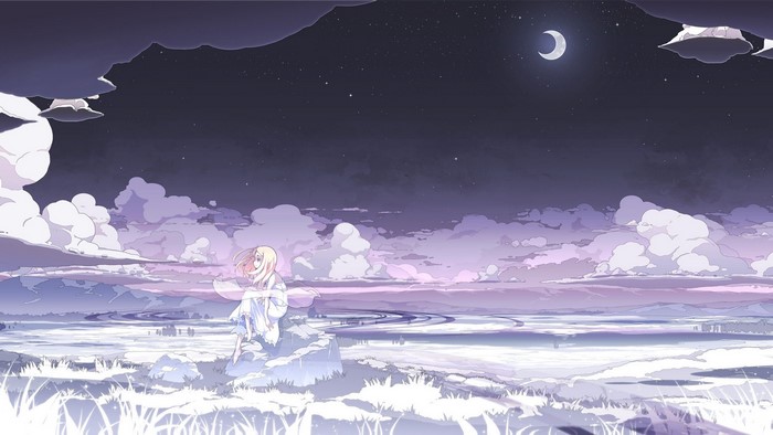 Anime girl sitting by a lake under a crescent moon