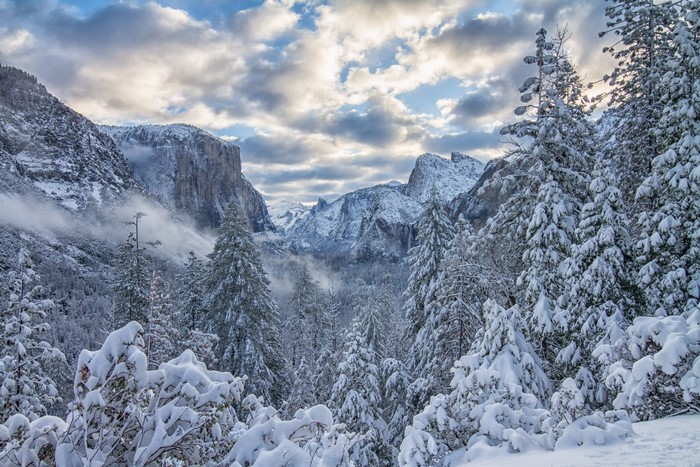 Snowy Yosemite National Park in Sierra Nevada, USA
