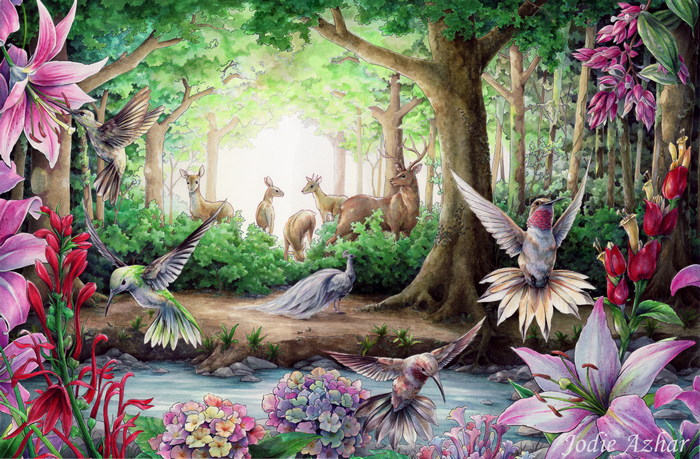Forest scene with deer, peacocks, and hummingbirds