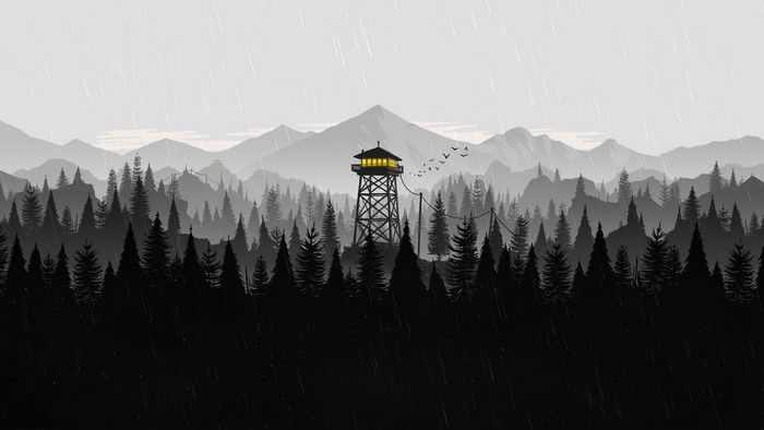 Firewatch video game art: tower in a rainy forest