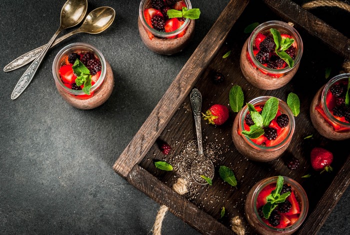 Chia seed pudding with berries and mint