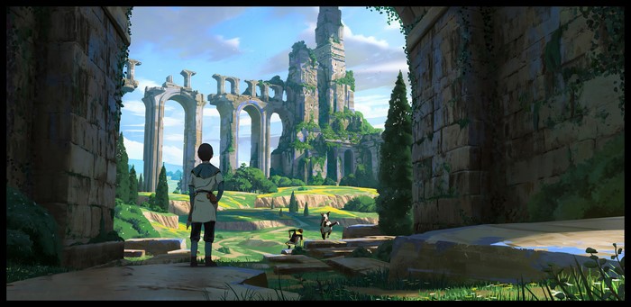 Ruins with adventurers and dog