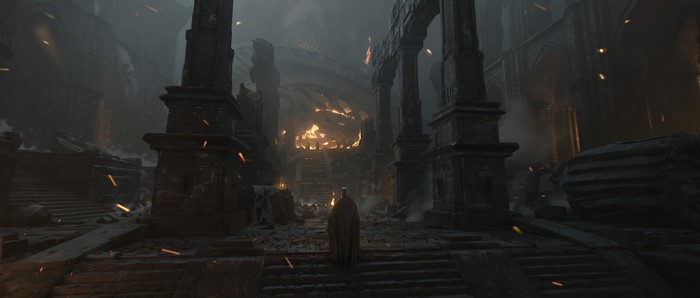 Ruins with knight and fire by Florent Lebrun