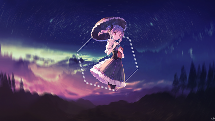 Anime girl with umbrella and book under starry sky