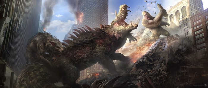 Monsters battling in a destroyed city