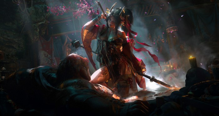 Samurai woman standing over a defeated foe