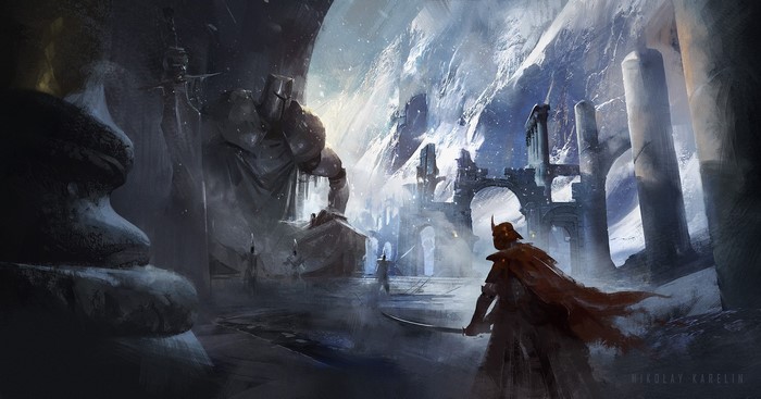 Knight with sword in a snowy fantasy landscape with giant statue