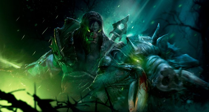 Orc warrior fighting a creature in a dark forest