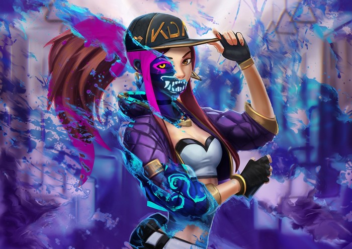 Akali from League of Legends with purple and cyan energy