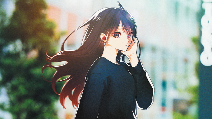 Anime girl with long dark hair listening to music