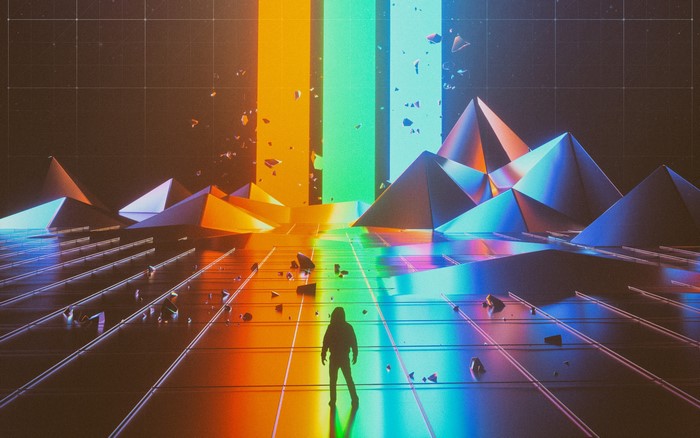 Digital art with pyramids and colorful lights