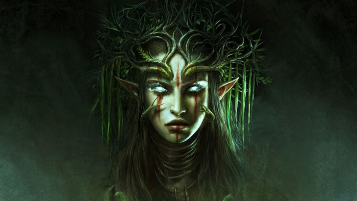 Elf with glowing eyes and plant crown from Divinity: Original Sin 2