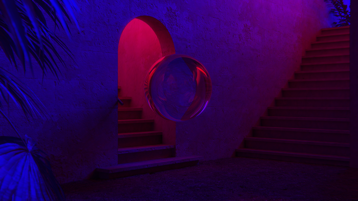 Crystal ball floating near stairs under neon lights