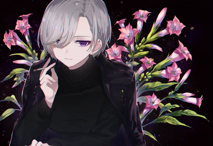Anime character with gray hair, purple eyes, smoking, with pink flowers