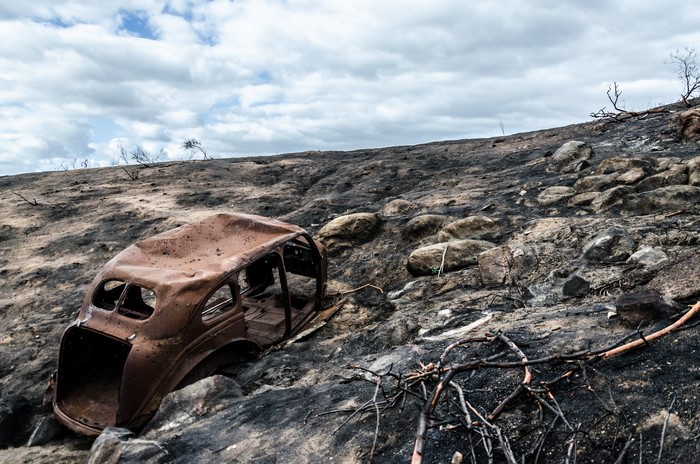 Burned car in San Diego landscape