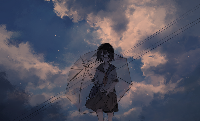 Anime girl with umbrella against cloudy sky