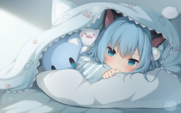 Anime girl with blue hair and cat ears in bed