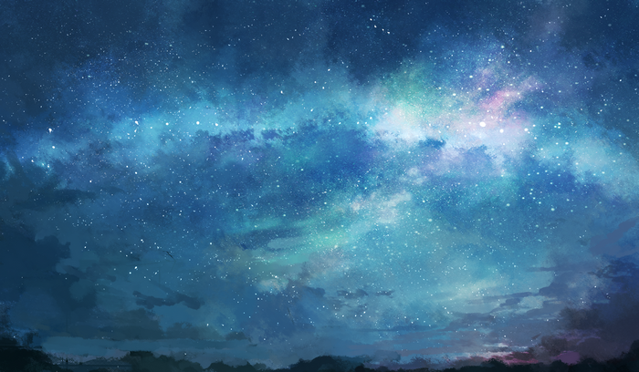 A vast, starry night sky with a silhouette of land below.
