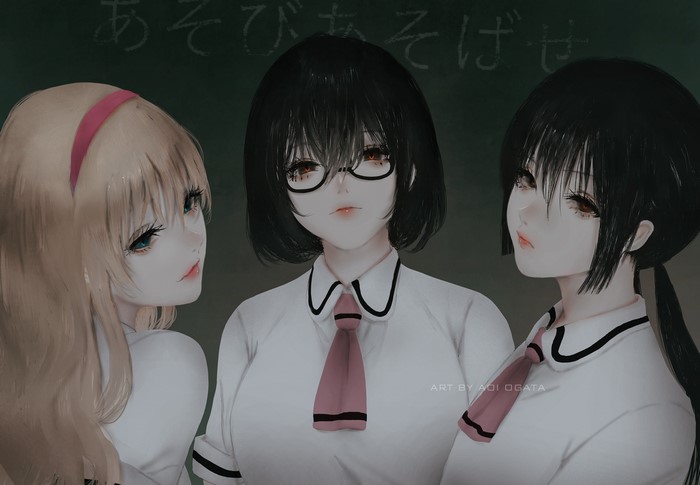 Asobi Asobase fan art with three anime girls