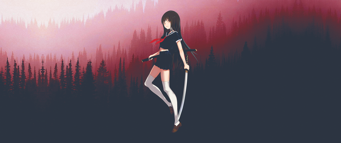 Anime girl with katana in a forest
