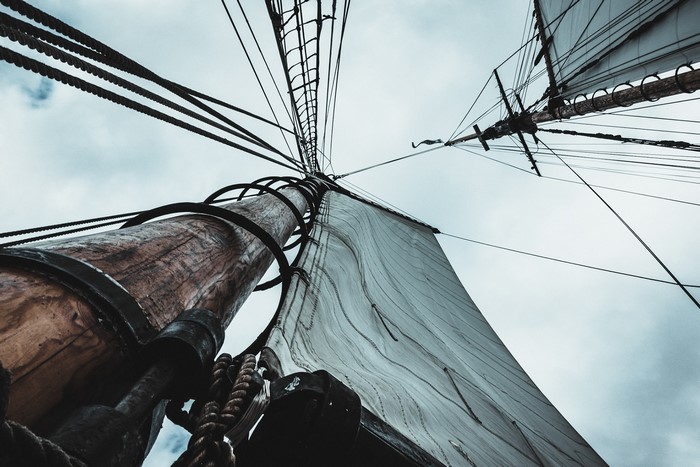 Looking up at a sailing ship's mast and rigging