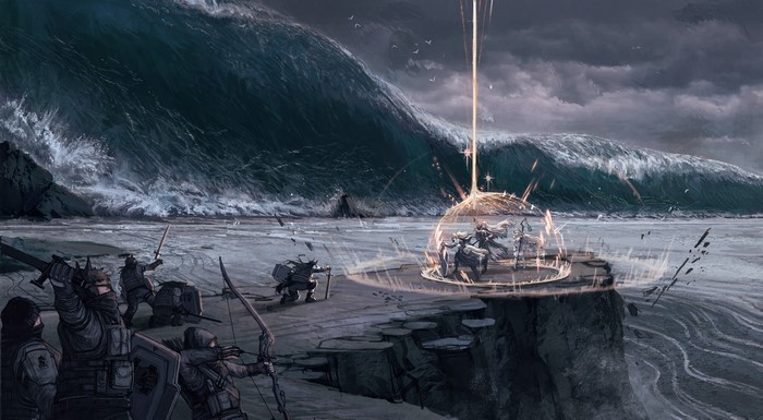 Arknights characters defend against a giant wave