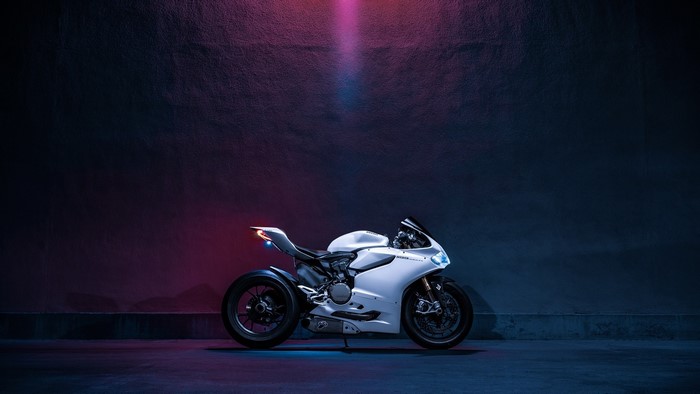 White Ducati Panigale 1199 motorcycle with Brembo brakes